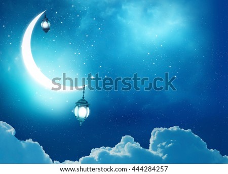 Islamic greeting  Eid Mubarak cards for Muslim Holidays.Eid-Ul-Adha festival celebration . Ramadan Kareem background.Crescent Moon and Lantern Lightning in sky