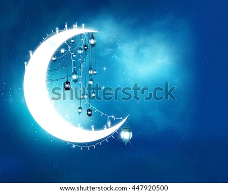 Islamic greeting  Eid Mubarak cards for Muslim Holidays.Eid-Ul-Adha festival celebration . Ramadan Kareem background.Crescent Moon and Lanterns Lightnings in sky