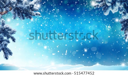 Merry christmas and happy new year greeting card with copy-space.Christmas background.Winter landscape with snow and fir trees