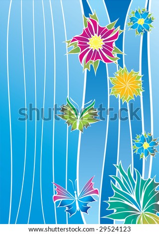 butterfly batik like colorful illustration with flowers, white strokes