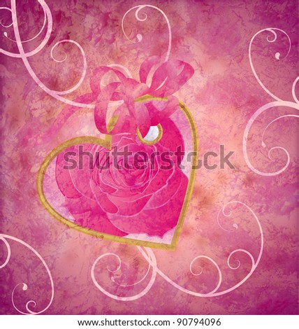 stock photo golden heart with rose flower pink composition grunge idea for