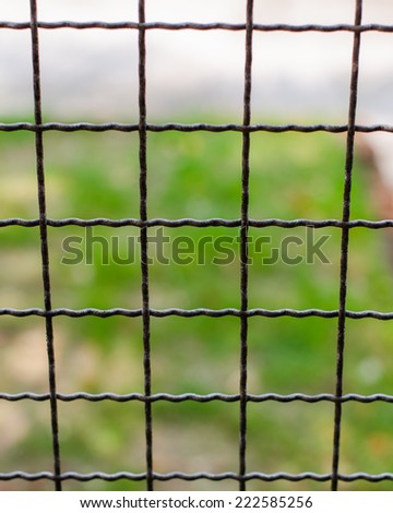 Selective focus is on the fence in the foreground. Also, it is an empty lot behind the metal fence.