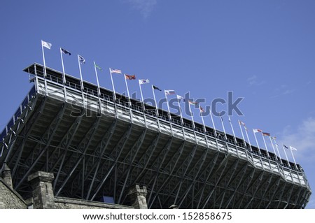 The underside of the seating stand for the Edinburgh Tattoo.   The stand is built in the forecourt of Edinburgh Castle, Scotland