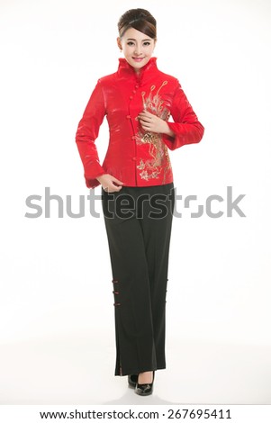 Wearing cotton padded jacket China lady in white background