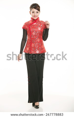 Wearing cotton padded jacket China lady in white background