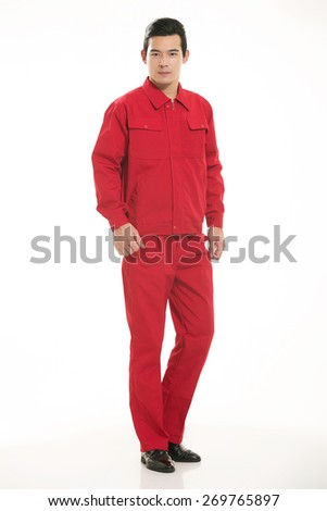 The young engineer various occupation clothing standing in front of a white background