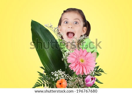 Funny little girl offering bouquet of flowers, focus up front