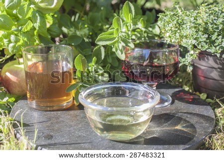 A glass full of white wine vinegar, infront of red wine and apple vinegar
