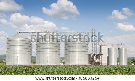 Agricultural Silo - Building Exterior, Storage and drying of grains, wheat, corn, soy, sunflower against the blue sky with white clouds