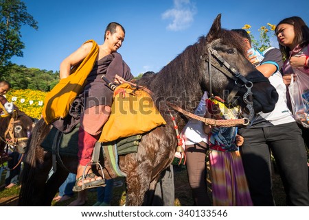 CHIANGRAI, THAILAND NOVEMBER 15,2015 priest ride a horse beg for food Festival Mexican sunflower in the Doi Hua Mae Kham at Thailand