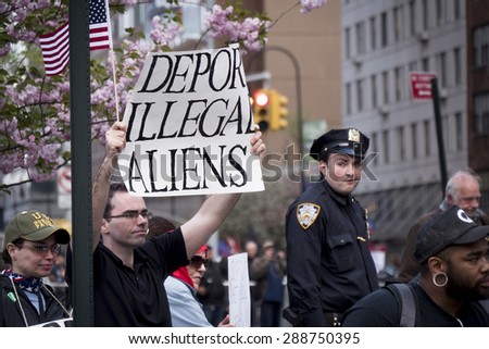 NEW YORK CITY, 1 May 2015. Union Square Anti-immigration protest aganist the May Day demonstrations in Union Square
