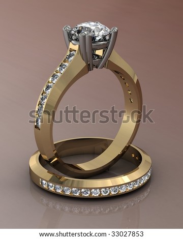 two tone diamond wedding ring set on reflective brown background
