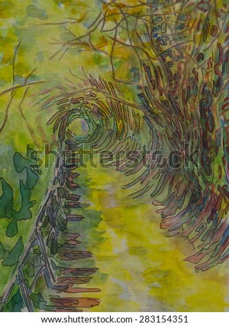 Impressionist watercolor landscape forest painting of a  path with overhanging trees that form a tunnel in yellow and green. Watercolor painting on paper.\
Lines and washes of watercolor