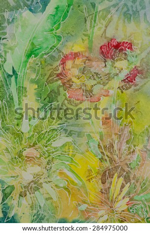Abstract flowers watercolor painting on paper, red, yellow and green, original hand painted image on paper. Background of garden border flowers in bloom.