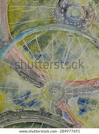 Bicycle wheels removed for repair and lying on the grass with tire and tools. Watercolor painting on paper.
