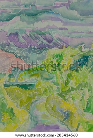 A watercolor painting of a road curving into a soft green landscape with farm fields and red soil, rain appears over the mountains in the distance. Watercolor on paper.