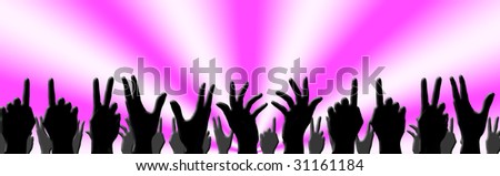 happy hands in a party banner with purple rays