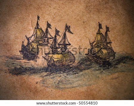 three ink ships on old sheet