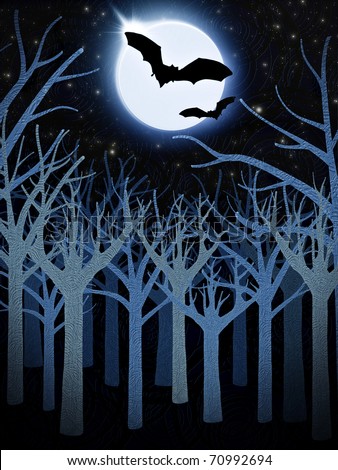 blue forest and full moon with bats