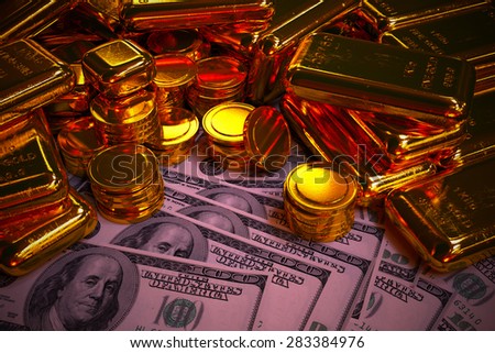 Gold Bars/Bullion Gold Coins and Dollars - render - Stock Image