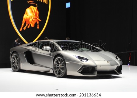 Lamborghini Aventador presented at the 84th International Geneva Motor Show on March 4 2014 in Palexpo Geneva Switzerland Lamborghini Aventador presented at the 84th International Geneva Motor Show on March 4 2014 in Palexpo Geneva Switzerland
