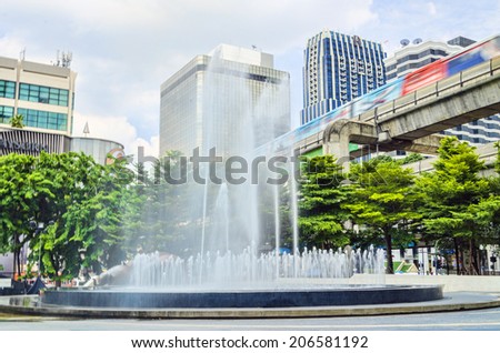 fountain in front of Central world Plaza square in  bangkok thailand on 3  July 2014 BANGKOK THAILAND