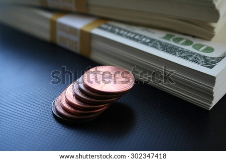 Pennies stacked close up stock photo