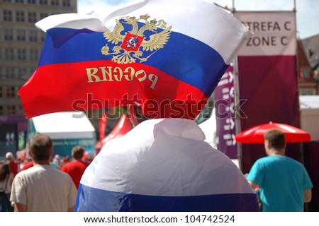 WROCLAW, POLAND - JUNE 8: Unidentified Russian football fan of Euro 2012 game on June 8, 2012 in Wroclaw. The EURO 2012 will be held from June 8 - July 1, 2012 hosted by Poland and Ukrain