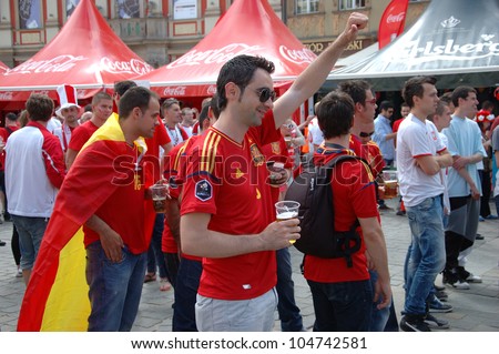 WROCLAW, POLAND - JUNE 8: Unidenified group of Spanish fans visit Euro 2012 fanzone on June 8, 2012 in Wroclaw. The EURO 2012 will be held from June 8 - July 1, 2012 hosted by Poland and Ukraine.