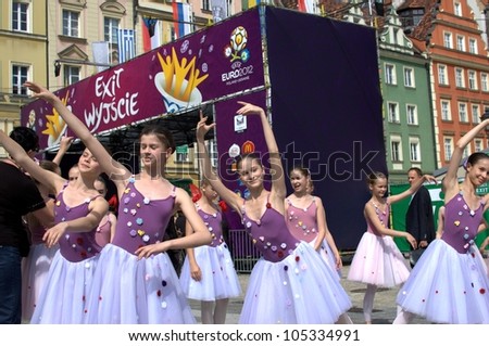 WROCLAW, POLAND - JUNE 15:  Unidentified group of young ballet dancers visit Euro 2012 fanzone on June 15, 2012 in Wroclaw.