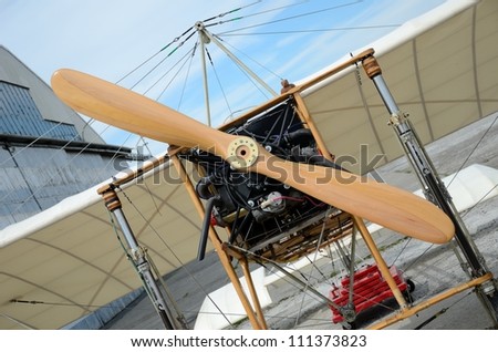 SZYMANOW, POLAND - AUGUST 25: copy of wooden plane Bleriot XI - the first plane which flied over La Manche canal. Replica presented on August 25, 2012 in Szymanow.