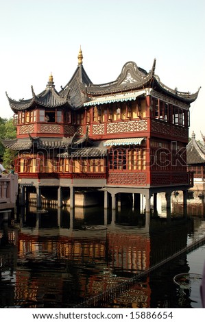 China, Shanghai city. Traditional, ancient Chinese architecture, made of wood. Pagoda in old town called YuYuan (Cheng Huang Miao).