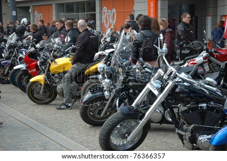 WROCLAW, POLAND - APRIL 16: Unidentified motorcycle riders take part in a motorcycle parade and blood drive for hospitalized children on April 16, 2011 in Wroclaw, Poland.