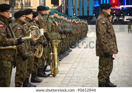 WROCLAW, POLAND - DECEMBER 2: Polish army, engineering training center for troops receives new army banner. Units gathering on December 2, 2011. Wroclaw