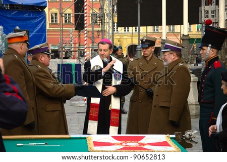 WROCLAW, POLAND - DECEMBER 2: Polish army, engineering training center for troops receives new army banner. Cardinal blesses new banner on December 2, 2011. Wroclaw