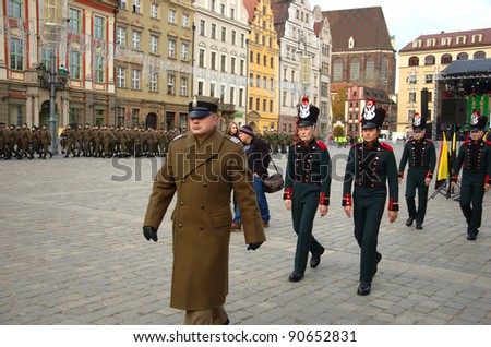 WROCLAW, POLAND - DECEMBER 2: Polish army, engineering training center for troops receives new army banner. Soldiers in historical uniforms on December 2, 2011. Wroclaw