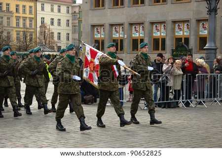 WROCLAW, POLAND - DECEMBER 2: Polish army, engineering training center for troops receives new army banner. Parade with new banner on December 2, 2011. Wroclaw