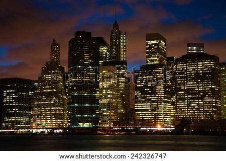 Lower Manhattan viewed from across the East River, New York, USA.