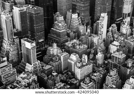 New York City Manhattan aerial view black and white with skyscrapers and street