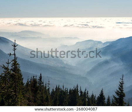 Layers of mountain with morning  fog