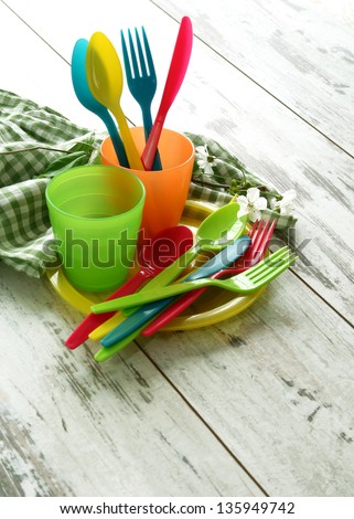 Picnic  plastic dishware and napkin on wooden boards