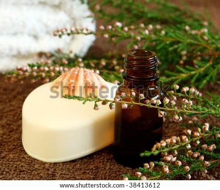 bottle of aromatic oil, lavender and soap