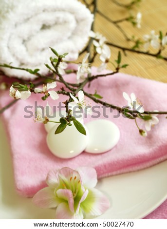 spa composition of towel, stones and spring branch with flowers