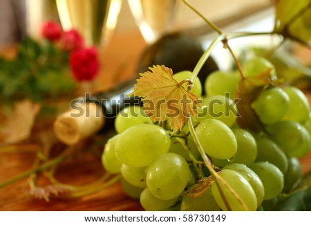 fresh grapes, vine and vine bottle