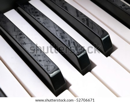 Piano keys closeup with with the note sheet reflection