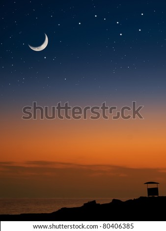 lifeguard house on the beach at the sunset with the Moon and the stars, for tourism,astronomy,nature themes