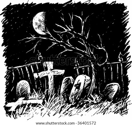 Spooky cemetery scene by night