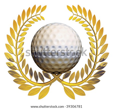 Golf ball in the middle of a golden laurel wreath on a white background