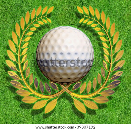 Golf ball in the middle of a golden laurel wreath arranged on green grass