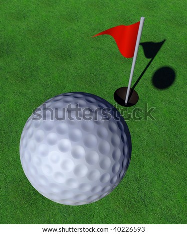 Golf ball with grass, red flag and hole